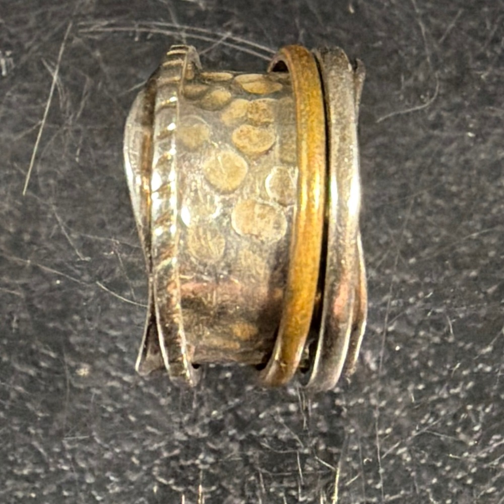 B-M Sterling Silver Spinner Ring Hammered Mixed Metal Meditation Band Size 6.5